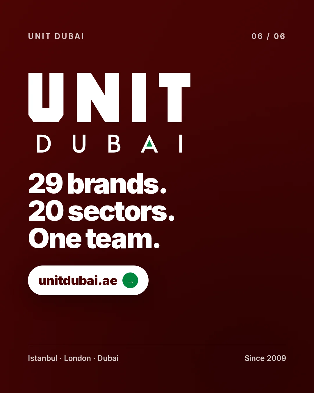 UNIT Dubai: 29 علامة تجارية، 20 قطاعاً، فريق واحد. إسطنبول، لندن، دبي، منذ 2009.